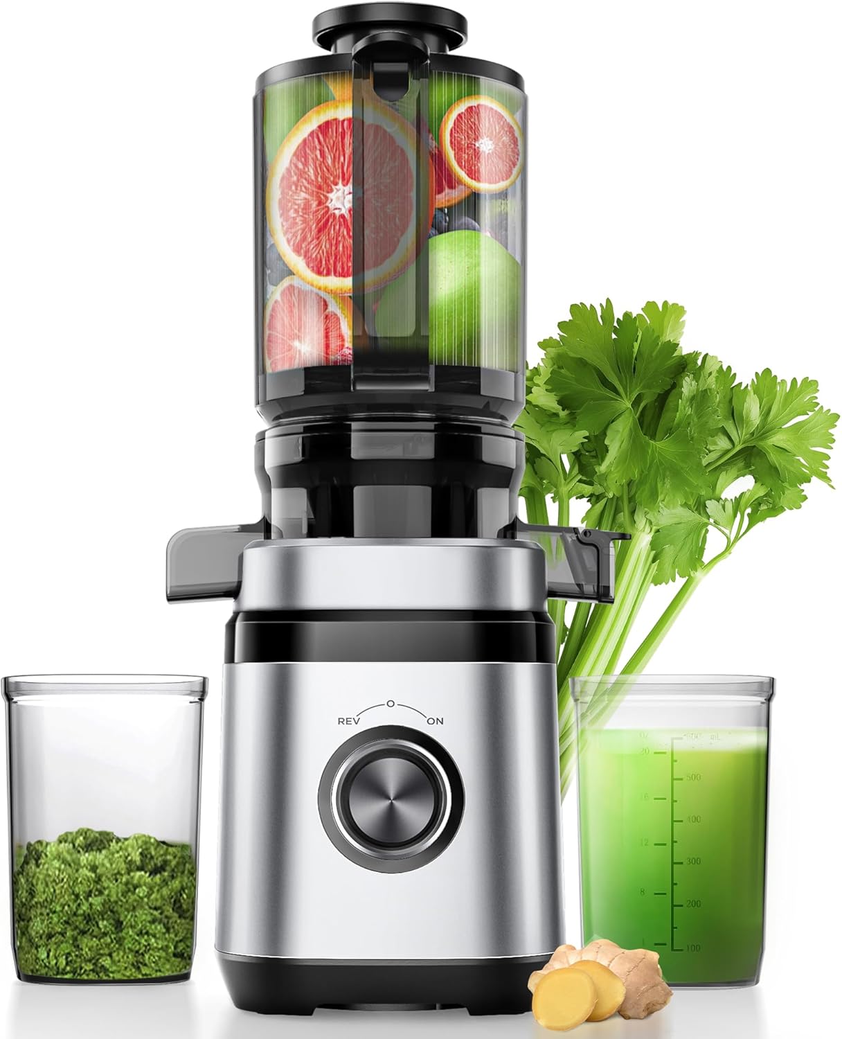 Juicer Machines, Cold Press Juicer with 4.41" Wide Feed Chute, 350W Slow Masticating Juicers for Whole Vegetables & Fruits, High Juice Yield, Easy to Clean, Large Auger, Silver