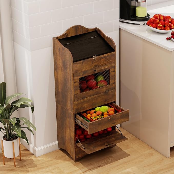 ARTETHYS Potato and Onion Storage Bin with Wheels Movable Bread Box with Lid Rustic Vegetable Organization Cabinet for Kitchen