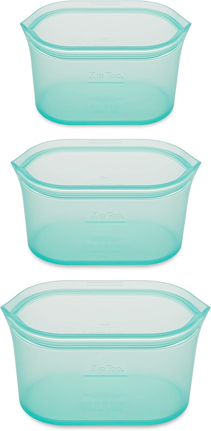 Zip Top Reusable Food Storage Bags | 3 Dish Set [Teal] | Silicone Meal Prep Container | Microwave, Dishwasher and Freezer Safe | Made in the USA