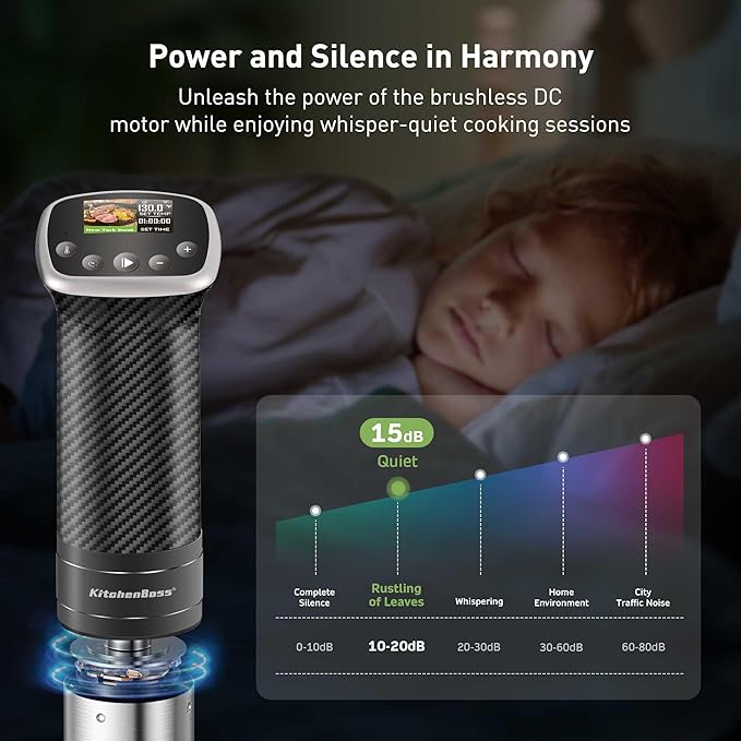 KitchenBoss Wifi Sous Vide Cooker: Sous Vide Machine Ultra-quiet 1100W Precision Cooking Machine Built-in TFT Recipes, IPX7 Waterproof Immersion Circulator Precise Temperature Control, Carbon Black
