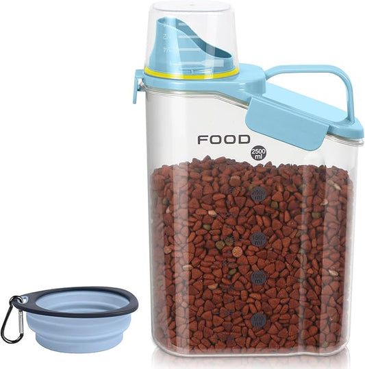 3-5Lbs Small Cat and Dog Food Storage Containers BPA Free, Airtight Pet Food Storage Containers with Large Pour Spout/1 Measuring Cup/ 3 Safety Locks and double-layer silicone strip（Bright Blue 1Pack）