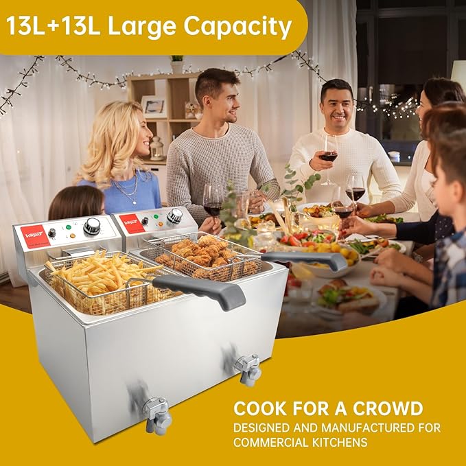 Valgus Dual Tanks Commercial Deep Fryer Electric 1700W 120V 26L Large Capacity Stainless Steel Countertop Kitchen Frying Machine with Basket & Lid, Drain System for Home Kitchen and Restaurant