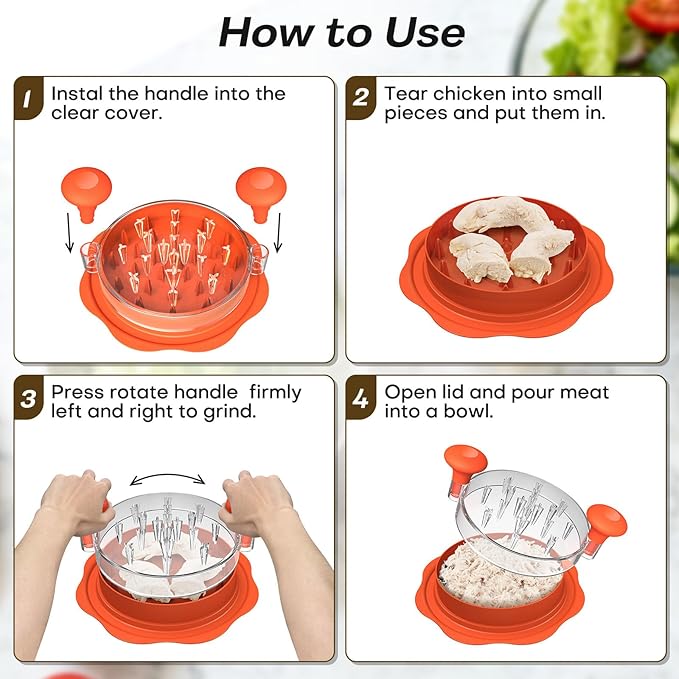 10'' Pro Chicken Shredder Tool Twist Large for Kitchen, BPA-Free Food-Safe Meat Grinder, Visible Chicken Breast Meat Shredder with Strong Anti-Slip Bottom & Ergonomic Handle, Orange