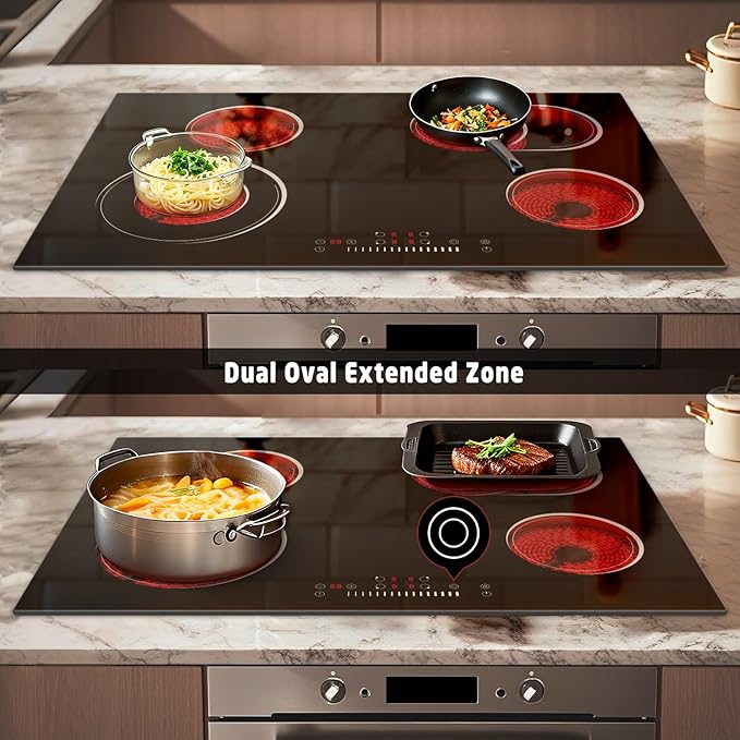 30 Inch Electric Cooktop 6600W, 4 Burner Electric Stove with Slide Control, Built-in 30'' Ceramic Cooktop 220V Hard Wire, Timer & Safety Lock, Extended Zone, Residual Heat Warning