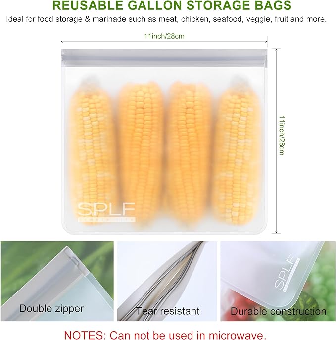 SPLF 6 Pack Reusable Gallon Freezer Bags Dishwasher Safe, BPA FREE Reusable Food Storage Bags, Extra Thick Leakproof Silicone Free 1 Gallon Bags for Marinate Meat, Cereal, Sandwich, Snack, Travel Item