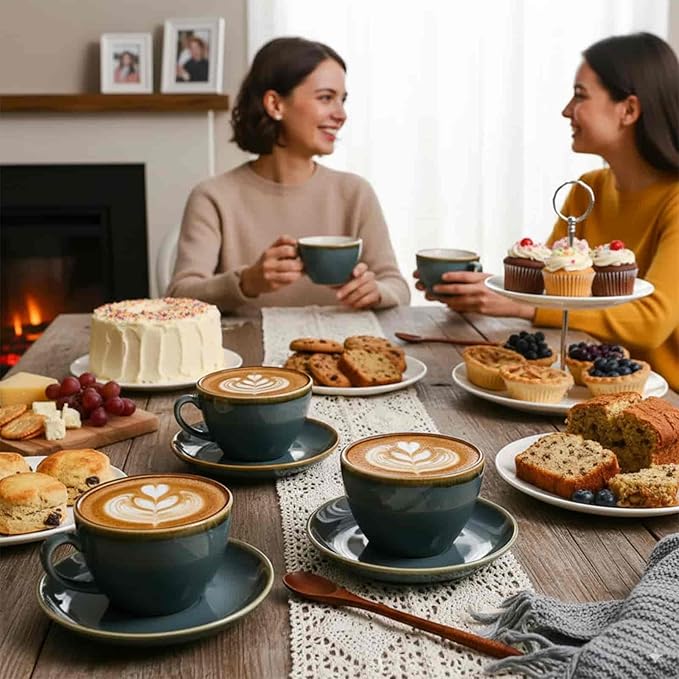 SHUER Ceramic Cappuccino Cup Set of 4, 7.8 OZ Cups and Saucers Set,Coffee Mocha Cup Sets,Black Coffee Cups and Glaze Americano Mugs Great for Party and Low Tea Time (Blue 220ml)
