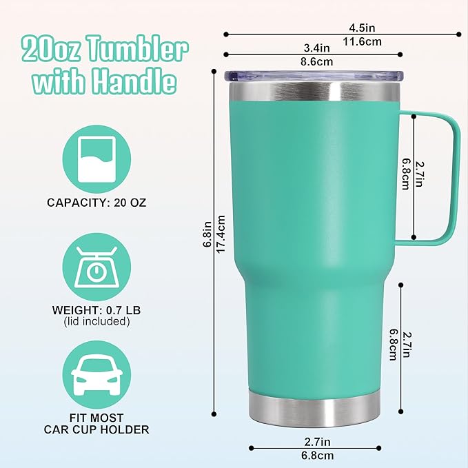 20 oz Tumbler with Handle and Lid, Stainless Steel Tumbler Insulated Travel Coffee Mug, Spill Proof Double Wall Vacuum Tumbler Cup Keep Drink Hot & Cold, Light Blue, 12 Pack