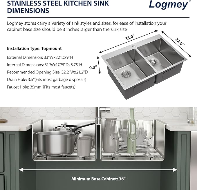 Logmey 33x22 Stainless Steel 50/50 Double Bowl Drop In Kitchen Sink - 16 Gauge Topmount, 33x22x9 Inches