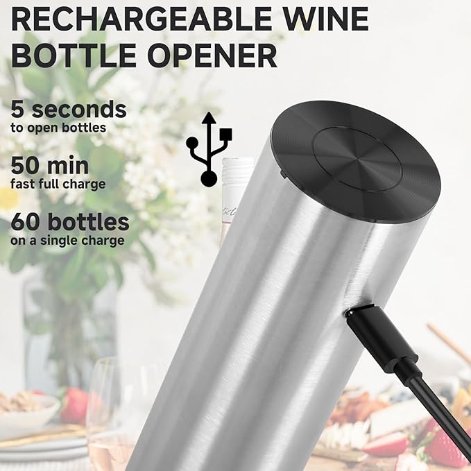 Electric Wine Opener Gift Set, Automatic Electric Wine Bottle Corkscrew Opener Rechargeable with Foil Cutter, Automatic Aerator, 2 Vacuum Stoppers for Home Bar Outdoor Parties, Stainless Steel