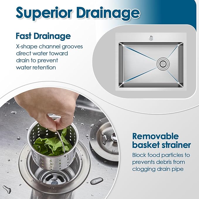 ROVOGO 22x18x9 in. Drop-in Kitchen Sink Single Bowl with 1 Faucet Hole, 304 Stainless Steel Handmade Modern Sink Top Mount with Bottom Grid and Offset Drain, Brushed