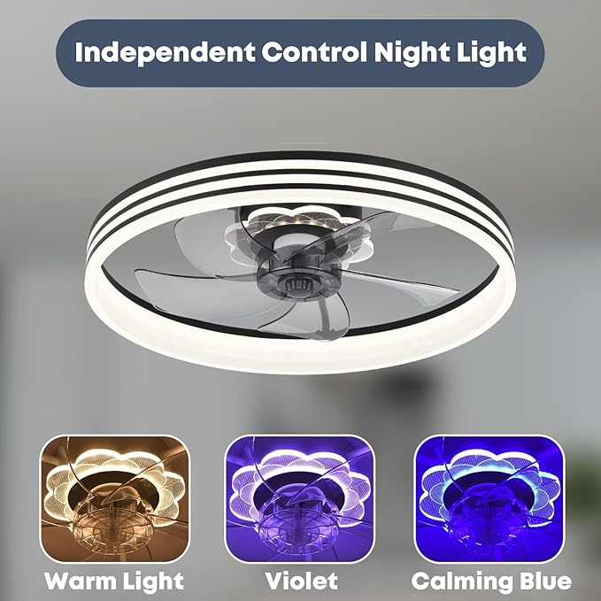 20‘’ Ceiling Fan with Light, Upgraded Low Profile Fan, Flush Mount Ceiling Fan, 6 Speeds, Dimmable LED, App & Remote Control, Quiet DC Motor, for Bedroom, Living Room, F118 Black