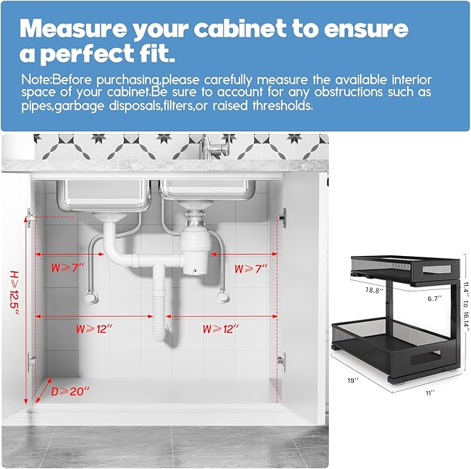 1 Pack 19IN Depth Under Sink Storage Organizer, Large 2-Tier Elegant Mesh Pull Out Shelf for Kitchen and Bathroom Cabinet Organization, L-Shaped and Adjustable Height Design-Black