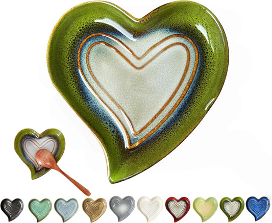 Ceramic Spoon Rest for Stove Top, Heart Cute Spoon Rest for Kitchen Counter, Cooking Spoon Holder for Kitchen Counter, Utensil Rest Spatula Rest Ladle Holder Tong Rest (Retro Grass Green)