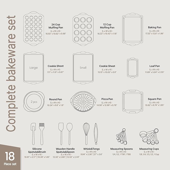 BAKKEN Kitchen Baking Pan Set - Nonstick Coating, Carbon Steel Bakeware Sets with Red Silicone Handles, Baking Kitchen Essentials, PFOA, PFOS, PTFE Free, Oven Safe Tray (Up To 450° F), Set of 18