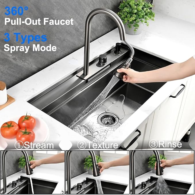 33 Undermount Kitchen Sink with Faucet, 33x19 Black Stainless Steel Workstation Undermount Waterfall Kitchen Sink Dual Mount Pull Down Sprayer Faucet