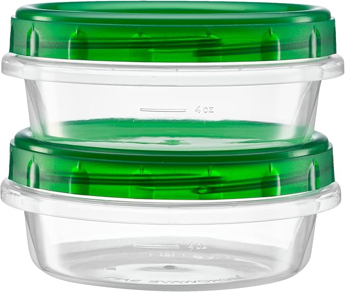 (8 Ounce 10 Pack) Twist cap Containers Clear Bottom With Green Top Screw on Lids Twist Top Food Storage Freezer Containers