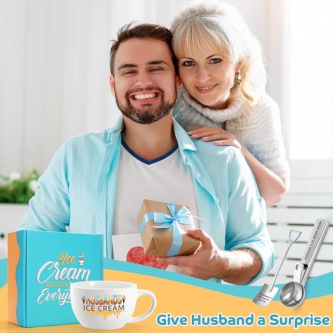 Valentine's Day & Christmas Gift for Husband – Ice Cream Bowl & Scoop Set from Wife, Funny Anniversary Present with Engraved Shovel Spoon