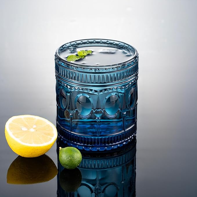 6-pack Vintage Drinking Glasses, Indian style,14 oz Large Modern Glass Tumbler, Embossed Patten Double Old Fashion Glass, Ripple Glassware (Cornflower Blue)