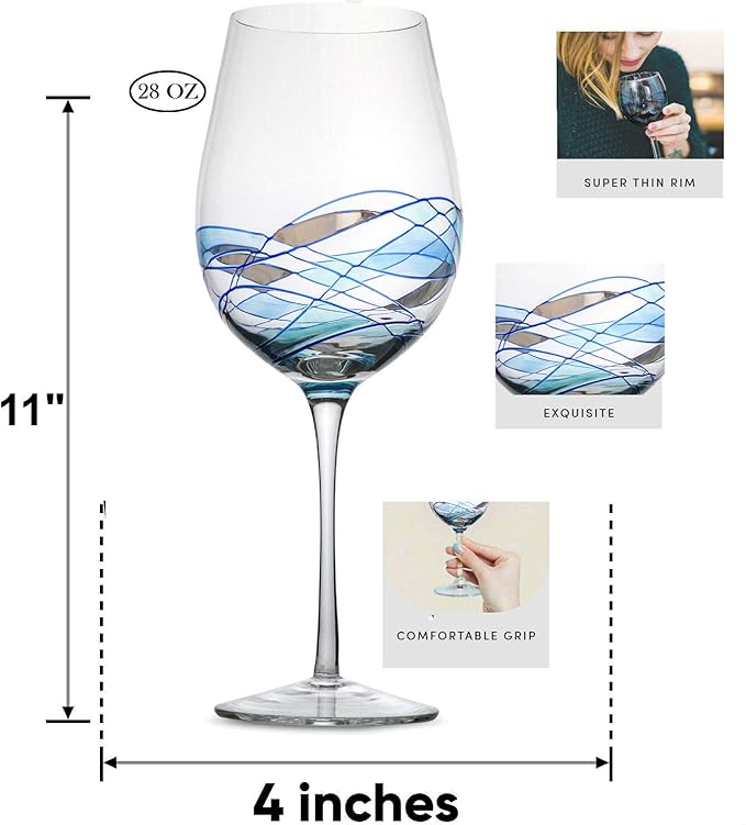 Bezrat Red Wine Glasses Set of 2, Hand Painted Wine Glass, Drinkware Essentials, 11" H, 28oz Wine Lover Large Glass, Glassware Gifts Ideas for Women Inspired by 'Duomo di Milano' Mothers Day (Blue)