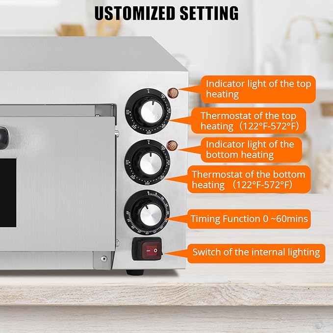 1800W Countertop Electric Pizza Oven,Stainless Steel Pizza Oven Maker with Timer & Removable Tray for Home, Kitchen & Restaurant, Silver