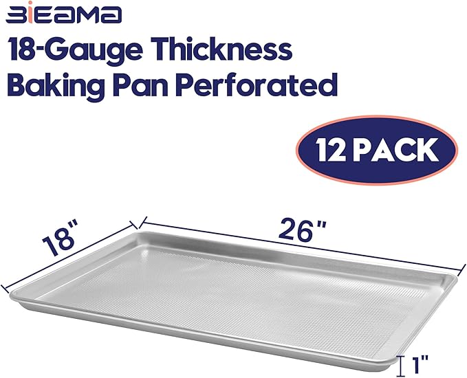 12 Pack Full Size 18" x 26" Aluminum Baking Sheet Pan Perforated, Commercial Bakery Equipment Cookie Sheets, NSF Approved Baking Tray