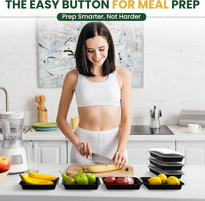 32oz Meal Prep Containers [50-Pack], Reusable Bento Box with Easy-Snap Leakproof Lids - Microwave, Dishwasher & Freezer Safe Food Storage, BPA-Free Plastic Lunch Containers (Black)