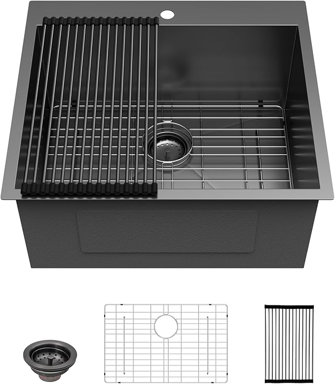 Lordear 25 Drop In Laundry Sink Black 25"x22"x12" Deep Laundry Utility Sinks Topmount Single Bowl Sink 16 Gauge Stainless Steel Laundry Room Sinks