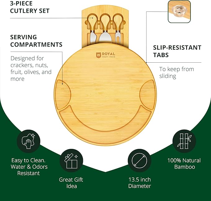 ROYAL CRAFT WOOD Bamboo Cheese Large Round Board and Knife Set with Charcuterie Board & Serving Tray Non - Expandable