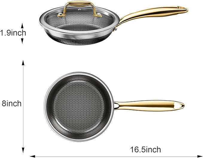 Fogdream 8” Pots and Pans Set Non Stick, Stainless Steel Pan with Lid, Dishwasher and Oven-Safe Frying Pan, PFOA Free and Induction Compatible Cookware Set, Gold