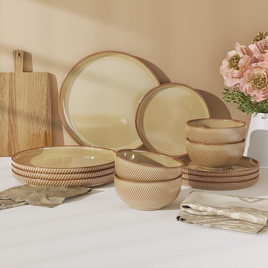 Stoneware Dinnerware Sets for 4, Earthsong 12pcs Plates and Bowls Set, Dishwasher and Microwave Safee Ceramic Dishes Set, Ribbed, Caramel Dusk