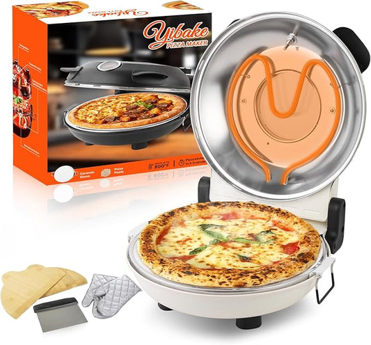 12" Electric Pizza Oven - Countertop Pizza Maker with Ceramic Stone, Heats up to 800°F, Portable Indoor Pizza Oven for Homemade Pizzas, White