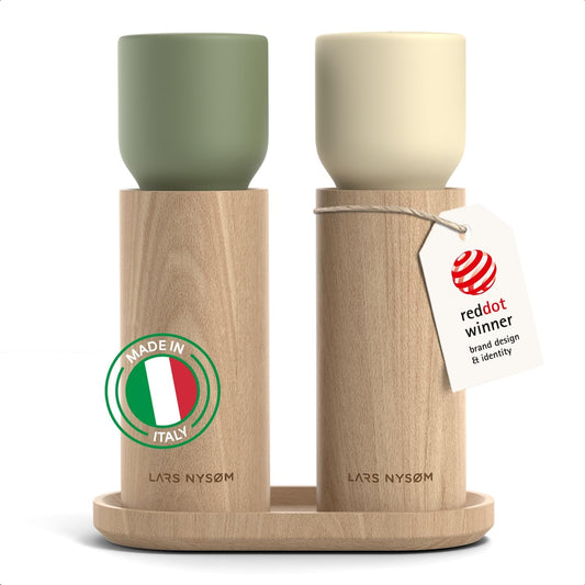 LARS NYSØM Wooden Salt and Pepper Grinder Set Manual with Tray - Salt and Pepper Mills with Adjustable Ceramic Grinder - Elegant Beechwood Pepper and Salt Mill Set for Dining Table (Green/Beige)
