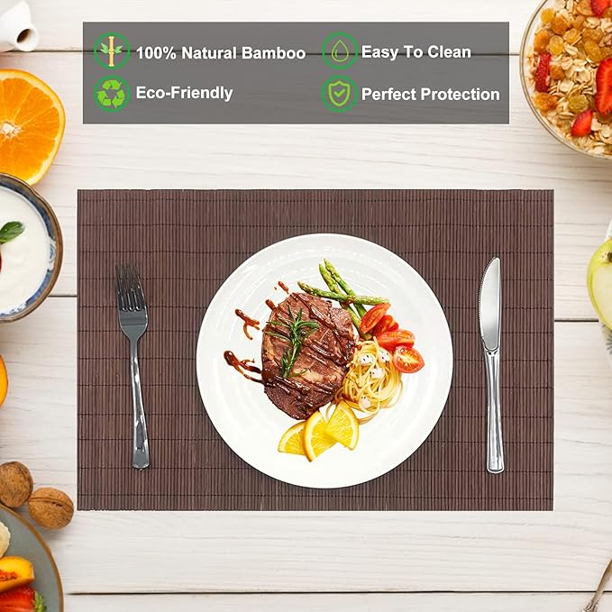 ANDSTAR Set of 4 Pcs Bamboo Placemats Natural Anti-Slip Bamboo Placemats Washable Heat-Resistant Table Mats for Dining Room and Kitchen（Chocolate）