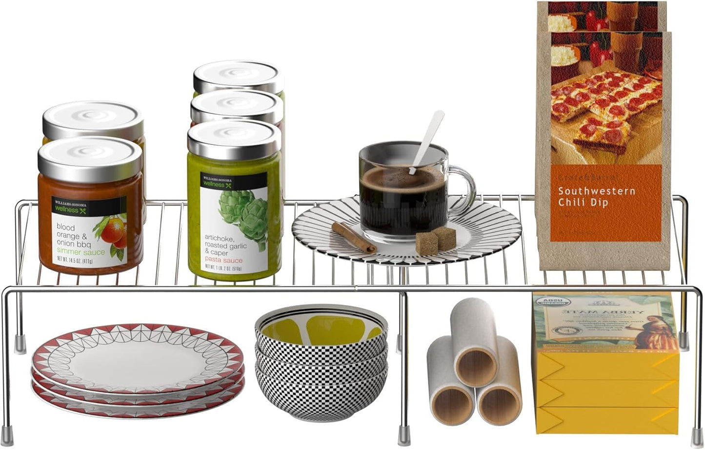 Redrubbit Cabinet Storage Shelf Rack, 4 Piece Expandable Metal Rustproof Kitchen Counter and Cabinet Shelf, Storage Rack Organizer Space Saver for Kitchen, Fridge, Cabinet, Bathroom, Chrome, Set of 2