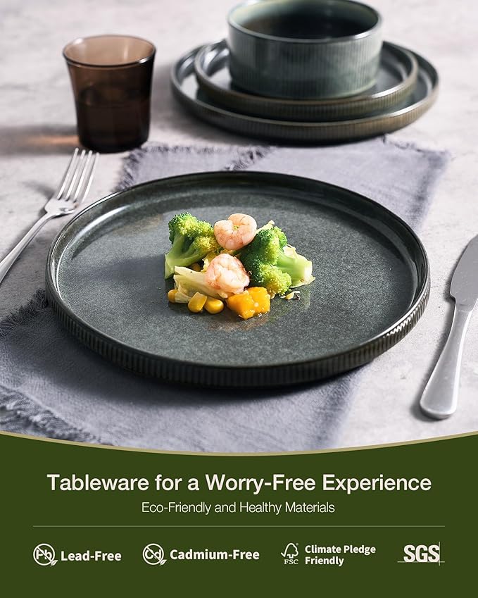 famiware Star Dinnerware Set, Plates and Bowls Sets for 6 (18pcs), Ribbed Stoneware Dishes - Chip & Scratch Resistant, Microwave & Dishwasher Safe Kitchenware, Deep Forest