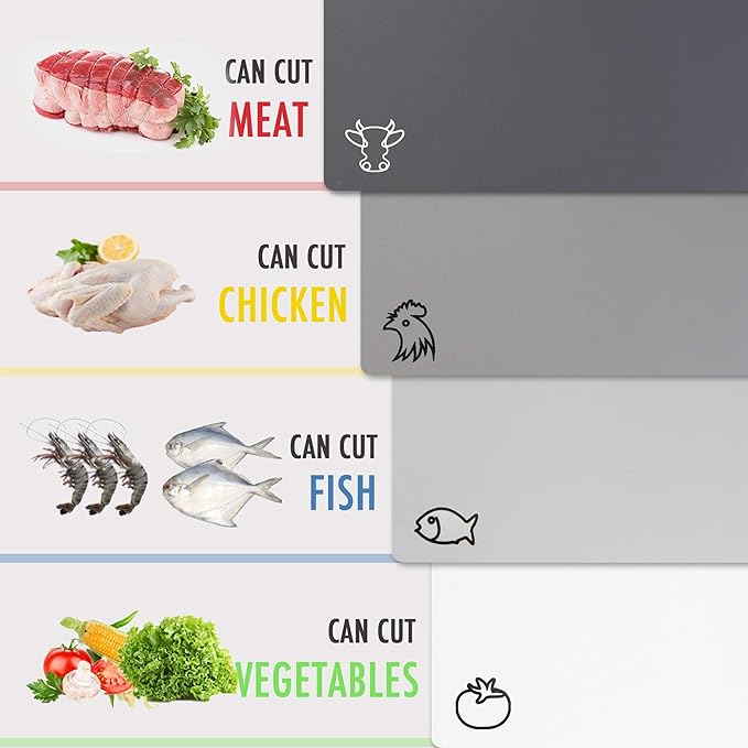 Fotouzy Flexible Plastic Cutting Board Mats with Food Icons, BPA-Free, Non-Porous, 100% Non-slip Back and Dishwasher Safe, Unique Modern Neutral Colors, Set of 4 Gray