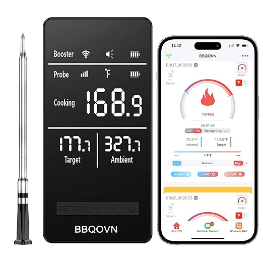 Smart WiFi Wireless Meat Thermometer Unlimited Range 7 NIST Cert.Sensors Accuracy ±0.5°F Sub-1G (10X Stronger than Bluetooth)APP&Digital Base,Monitor for BBQ, Grill,Oven, Smoker(1, Black,Small)