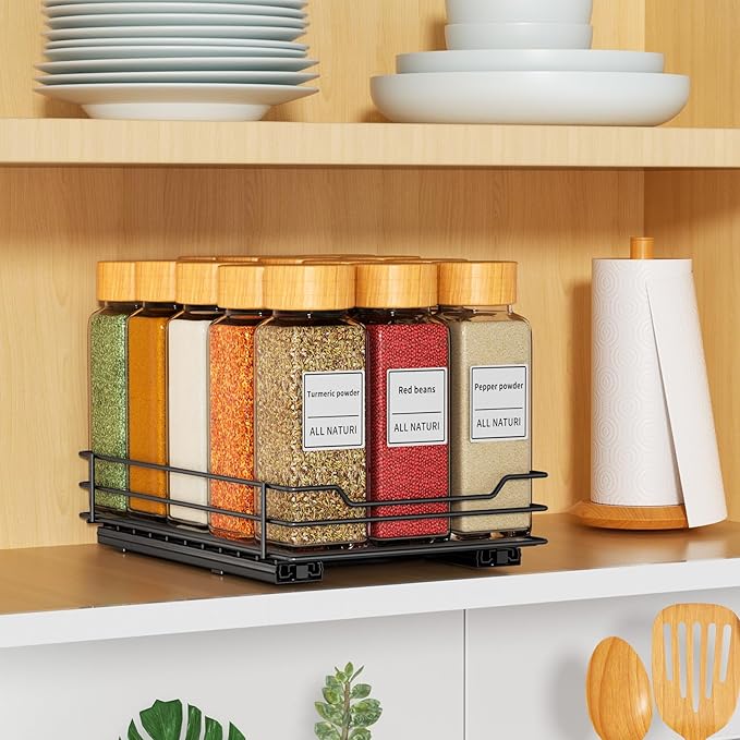 RCHYFEED Pull Out Spice Rack Organizer for Cabinet,Slide out Spice Organizer for Inside Cabinets,Heavy Duty Spice Organization for Kitchen and Pantry,Seasoning,Sauces(1-Tier,6.5" Wx10.5 Dx2.5 H)