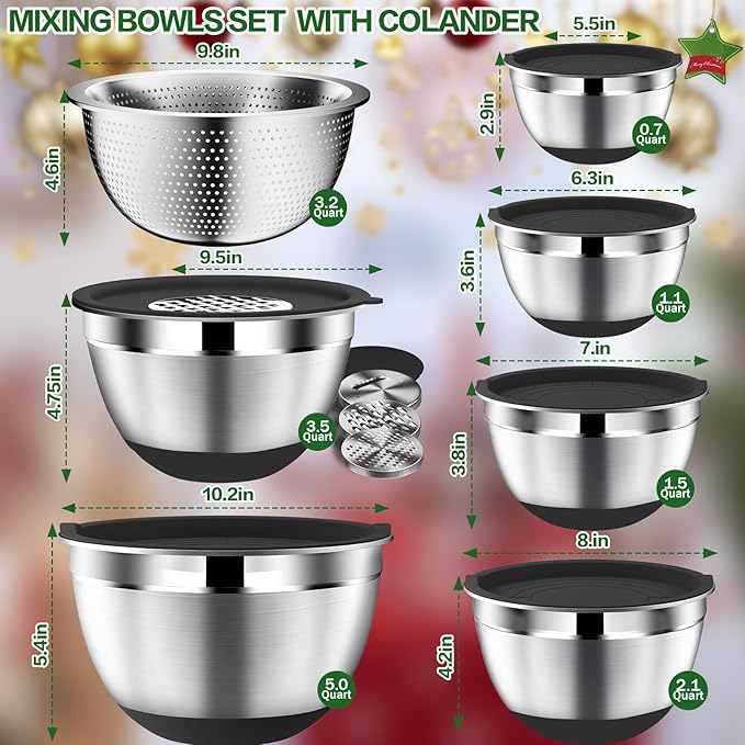 Mixing Bowls with Lids Set - 16pcs Stainless Steel Mixing Bowl Set with Colander, 3 Grater Attachments, Non-Slip Bottom, Metal Nesting Bowls with Strainer for Mixing & Serving - Black