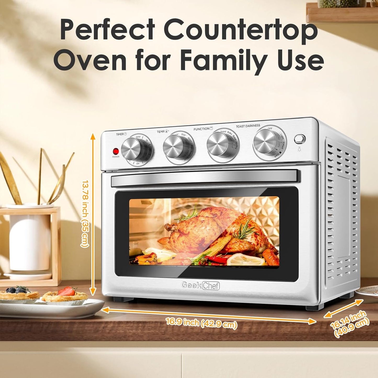 Geek Chef Air Fryer Oven 26 QT, Big Air Fryer, Toast Oven with Bake, Roast, Pizza, Easy to Use & Clean, 6 Slice Toast, Stainless Steel
