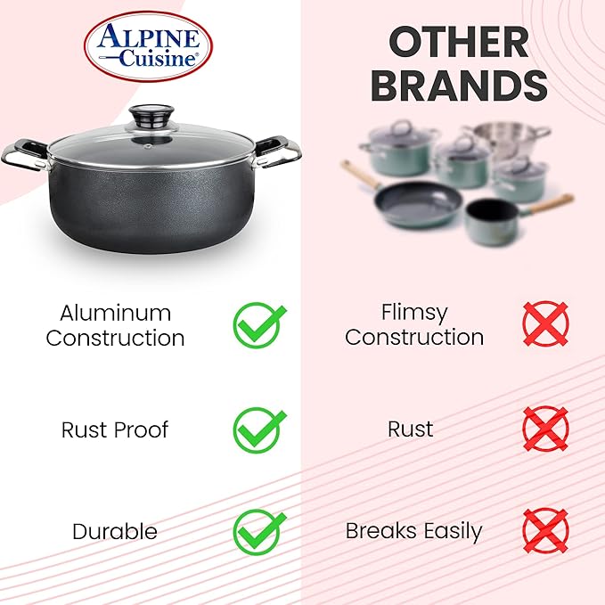 Alpine Cuisine 10 Quart Non-stick Stock Pot with Tempered Glass Lid and Carrying Handles, Multi-Purpose Cookware Aluminum Dutch Oven for Braising, Boiling, Stewing