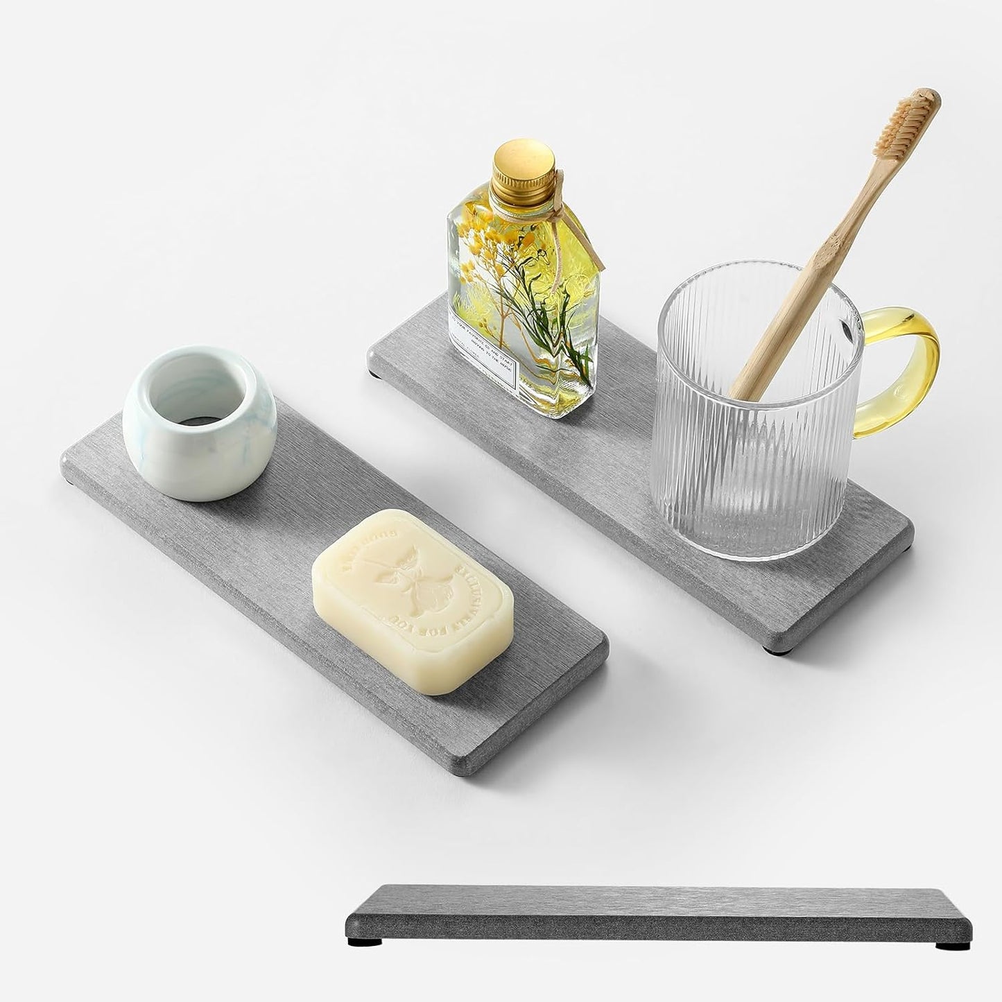 2PCS Bathroom Counter Vanity Trays, Water Absorbing Diatomite Stone Quick Drying Mat for Kitchen Sink Counter, Dish Rack Soap Dispenser Sponge Holder Caddy Organizer, Light Gray, 9"x 3.5"