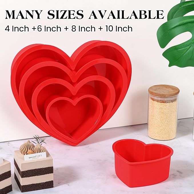 Silicone Heart Shaped Cake Pans 10 Inch Heart Cake Pan Set Nonstick Silicone Heart Molds for Baking (2 Pcs, Red)