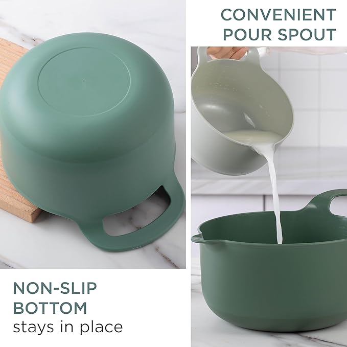 COOK WITH COLOR Nesting Plastic Mixing Bowl Set with Pour Spouts and Handles, Sage, 6 Piece Non-Slip