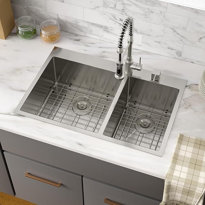 Drop In Kitchen Sink Double Bowl - Funmier 33 Inch Double Bowl Kitchen Sink 60/40 33"x22" Stainless Steel 16 Gauge Deep Bowl Basin