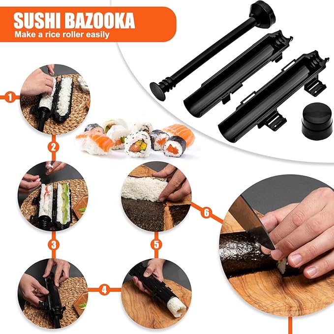 Sushi Making Kit, Sushi Roller, Sushi Bazooka, Sushi Maker, Bamboo Sushi Rolling Mat for Beginners (Black)