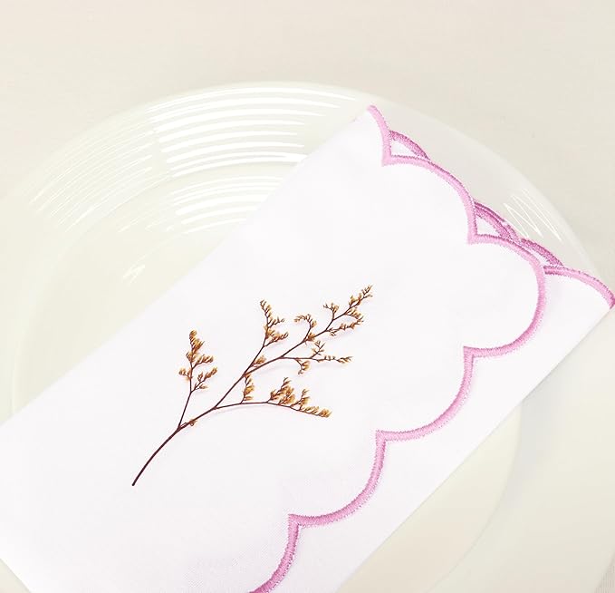 PurpleEssences Scalloped Embroidery Cloth Napkins Christmas Holiday Winter Table Decor 100% Cotton Set of 4-18 x 18 inch - White - Edges - Blush Pink