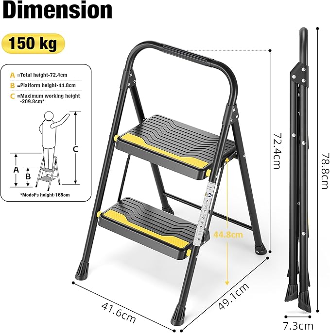 2 Step Ladder, Heavy-Duty Pass 800lb Capacity Test, Wide Anti-Slip Steps & Secure Handrail Compact, Folding Step Stool Portable Design for Home, Kitchen, Office, Pantry, Closet Use, Black