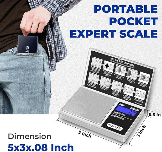 American Weigh Scales 600g x 0.1g Digital Pocket Scale | High Precision Digital Scale LCD Display Multi Unit Conversion Pocket Grams Scale, Jewelry Scale, Small Smart Weight Scale - Silver