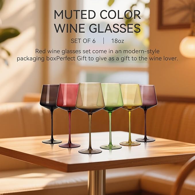 Colored Wine Glasses Set of 6-18oz【Hand Blown】Sunset Colorful Wine Glasses with Stem-Muticolor Wine Glass
